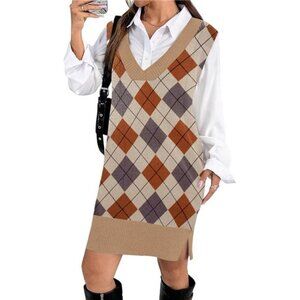 Women's  Khaki Diamond Sweater Vest Dress Oversized Sleeveless Pullover V Neck